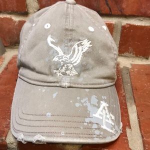 AE Mens Fitted hat. S/M flex hat. Tan/gray. Eagle and AE logo.
